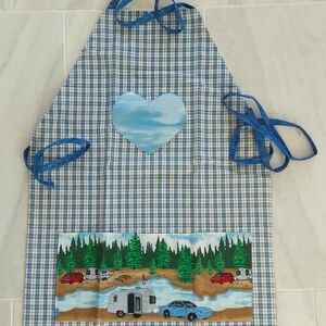 Blue Checkered Apron with Heart and Vintage Camping Design, NWOT